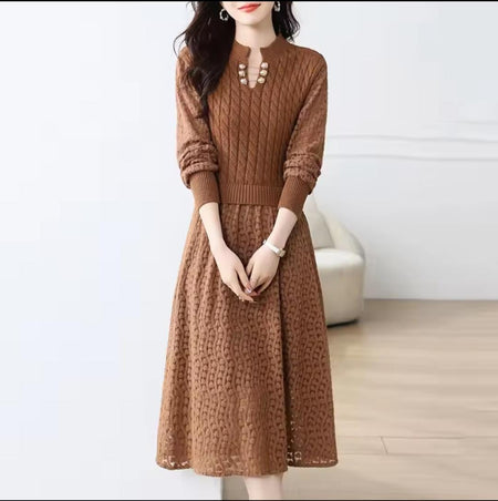 Sherrica Vintage Hollow Out Midi Dress - front shot on model, brown - Miss Mosa By Akanksha
