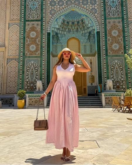 Shireen Drop Waist Midi Dress In Pink - full-length front shot on model outdoors - Miss Mosa By Akanksha