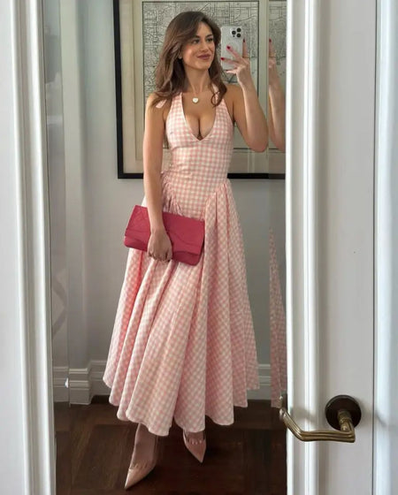 Shireen Drop Waist Midi Dress In Pink - full-length mirror shot on model - Miss Mosa By Akanksha