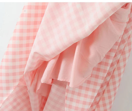 Shireen Drop Waist Midi Dress In Pink - close-up of skirt drape detail - Miss Mosa By Akanksha