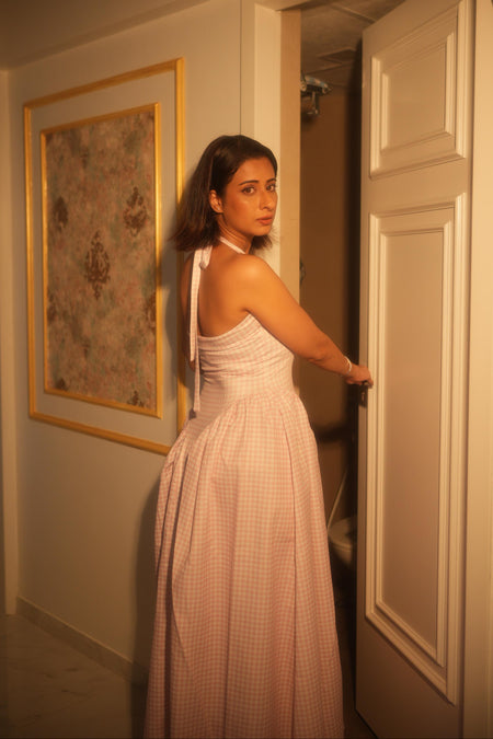 Shireen Drop Waist Midi Dress In Pink - back shot on model in a hallway - Miss Mosa By Akanksha