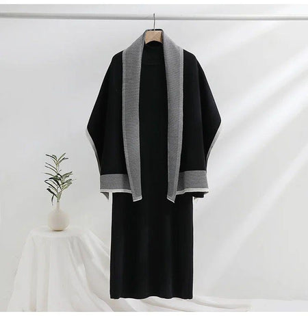 Shirley Statement Winter Dress with Stole - front shot on hanger, black - Miss Mosa By Akanksha