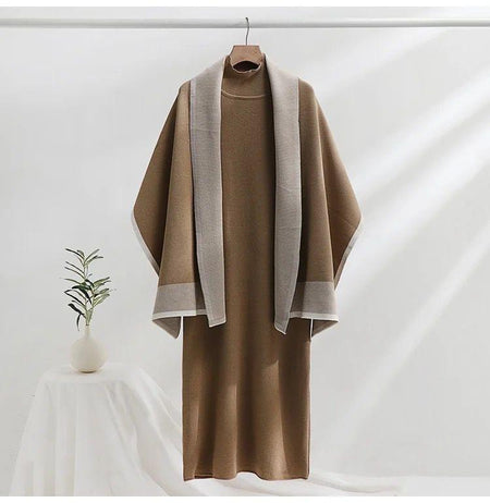 Shirley Statement Winter Dress with Stole - front shot on hanger, brown - Miss Mosa By Akanksha