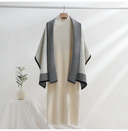 Shirley Statement Winter Dress with Stole - front shot on hanger, beige - Miss Mosa By Akanksha