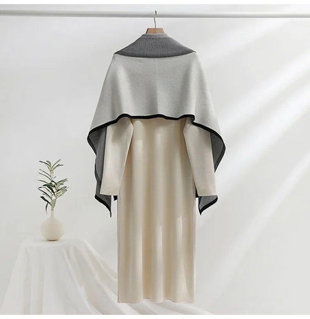 Shirley Statement Winter Dress with Stole - back shot on hanger, beige - Miss Mosa By Akanksha