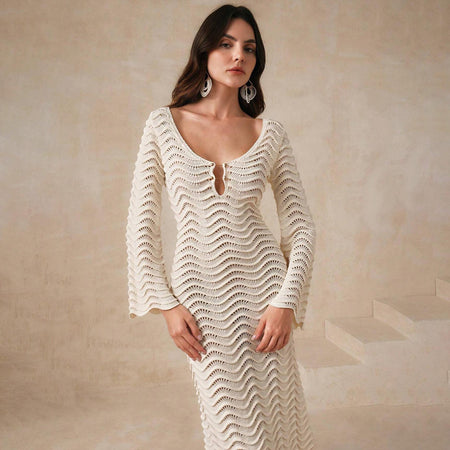 Shirly Luxe Crochet Knit Dress -Resortwear In Beige - front shot on model - Miss Mosa By Akanksha