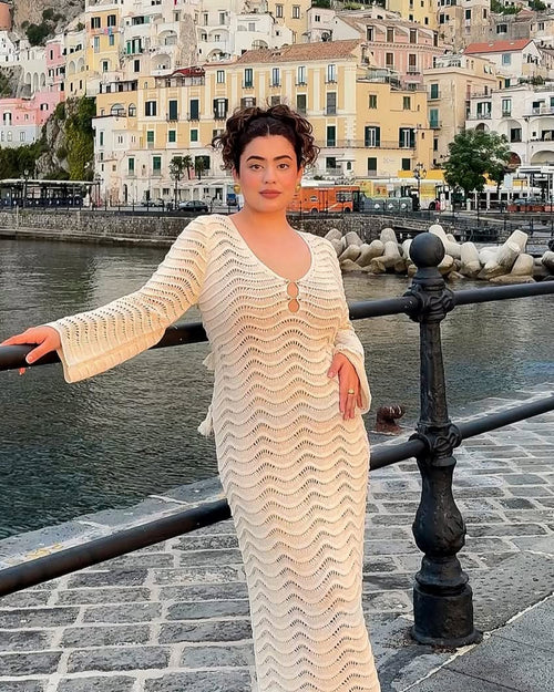 Shirly Luxe Crochet Knit Dress -Resortwear In Beige