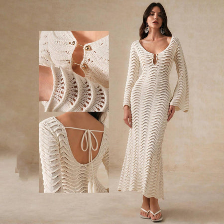 Shirly Luxe Crochet Knit Dress -Resortwear In Beige - collage of detail close-up and back shot on model - Miss Mosa By Akanksha