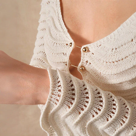 Shirly Luxe Crochet Knit Dress -Resortwear In Beige - close-up of neckline detail on model - Miss Mosa By Akanksha