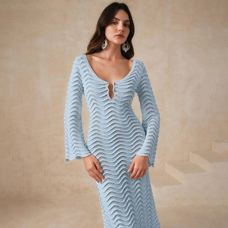 Shirly Luxe Crochet Knit Dress -Resortwear In Ice Blue - front shot on model - Miss Mosa By Akanksha