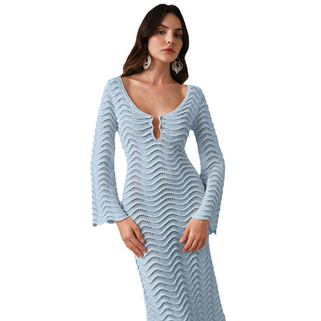 Shirly Luxe Crochet Knit Dress -Resortwear In Ice Blue - front shot on model - Miss Mosa By Akanksha