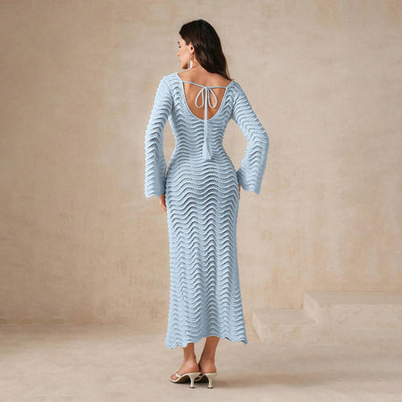 Shirly Luxe Crochet Knit Dress -Resortwear In Ice Blue - back shot on model - Miss Mosa By Akanksha