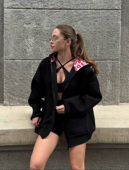 Sicily Oversized Hoodie Jacket - front shot on standing model, black - Miss Mosa By Akanksha