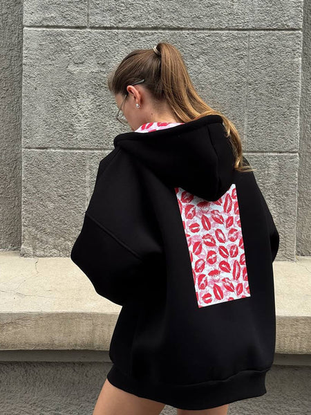 Sicily Oversized Hoodie Jacket - back shot on standing model, black - Miss Mosa By Akanksha