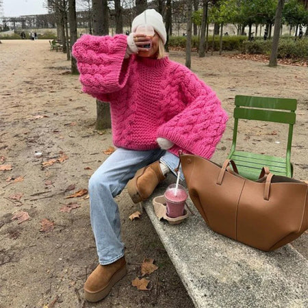 Sidonie Oversized Statement Pullover - seated shot, hot pink - Miss Mosa By Akanksha