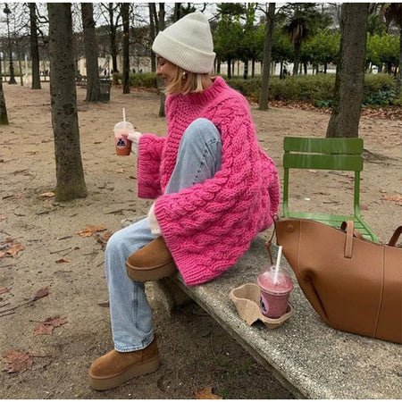 Sidonie Oversized Statement Pullover - seated shot, hot pink - Miss Mosa By Akanksha