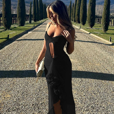Sidonie Statement Bodycon Mesh Dress In Black - front shot on model outdoors - Miss Mosa By Akanksha