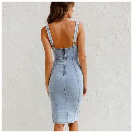Sidony Statement Denim Dress - back shot on model, light blue - Miss Mosa By Akanksha