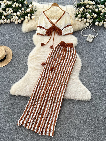 Sikoy Crochet Holiday Coord - Resortwear - flat-lay shot of set, brown and white - Miss Mosa By Akanksha