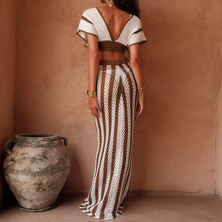 Sikoy Crochet Holiday Coord - Resortwear - back shot on model, brown and white - Miss Mosa By Akanksha