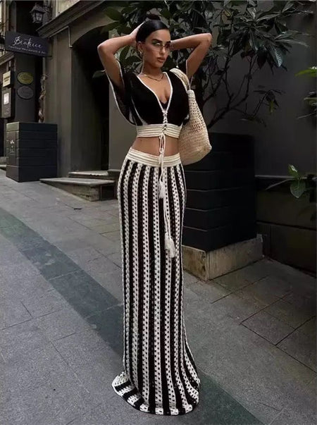 Sikoy Crochet Holiday Coord - Resortwear - full-length front shot on model outdoors, black and white - Miss Mosa By Akanksha