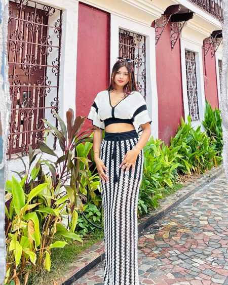 Sikoy Crochet Holiday Coord - Resortwear - full-length front shot, black and white - Miss Mosa By Akanksha