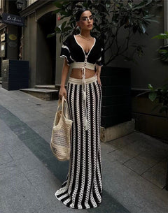 Sikoy Crochet Holiday Coord - Resortwear - full-length front shot on model outdoors, black and white - Miss Mosa By Akanksha