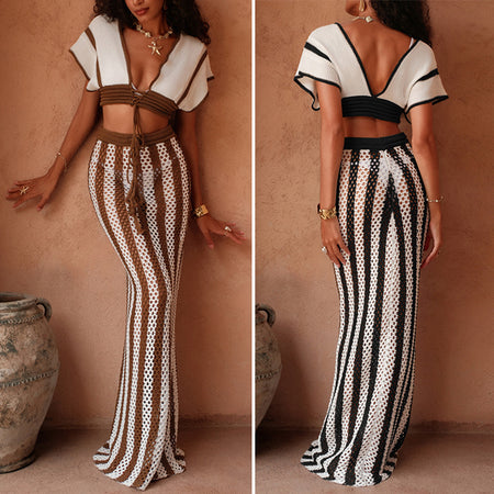 Sikoy Crochet Holiday Coord - Resortwear - front and back shot on model, brown and white - Miss Mosa By Akanksha