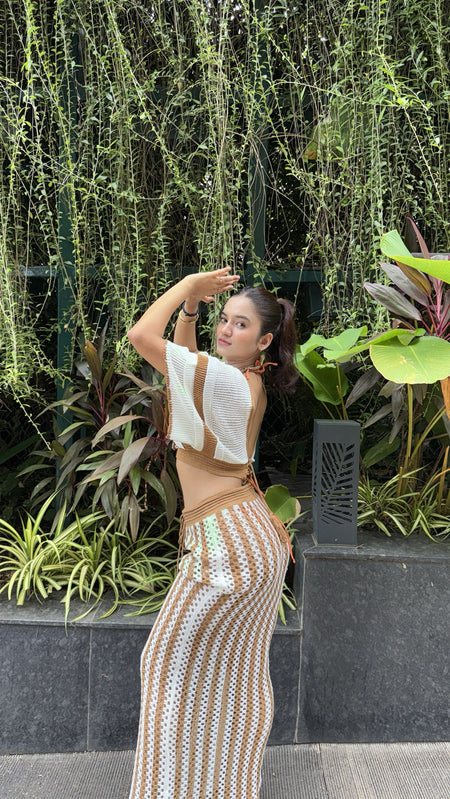 Sikoy Crochet Holiday Coord - Resortwear In Brown - back shot on model - Miss Mosa By Akanksha