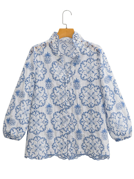Silisa Eyelet Cotton Shirt In Blue - front flat-lay product shot on hanger - Miss Mosa By Akanksha