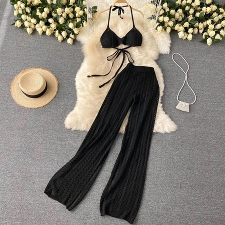 Silvia Crochet Coord Set - styled flat-lay shot, black - Miss Mosa By Akanksha