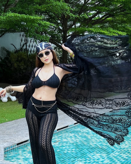 Silvia Crochet Coord Set In Black - full-length front shot on model holding the lace cover-up open - Miss Mosa By Akanksha