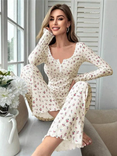 Simian Floral Nightsuit - front shot on model seated, cream floral - Miss Mosa By Akanksha