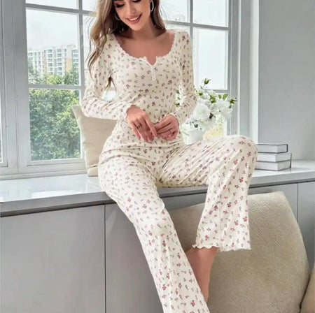 Simian Floral Nightsuit - front shot on model seated, cream floral - Miss Mosa By Akanksha