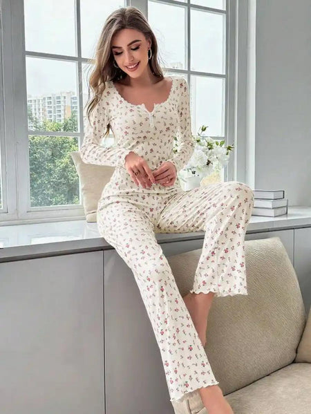Simian Floral Nightsuit - front shot on model seated, cream floral - Miss Mosa By Akanksha