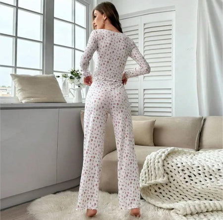 Simian Floral Nightsuit - back shot on model, cream floral - Miss Mosa By Akanksha