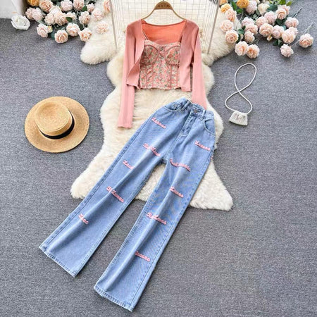 Simian Set of Top, Cape and Denims In Peach - styled flat-lay shot, peach - Miss Mosa By Akanksha