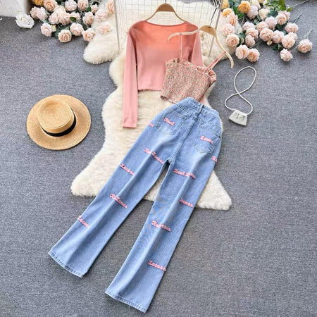Simian Set of Top, Cape and Denims In Peach - styled flat-lay shot, peach - Miss Mosa By Akanksha