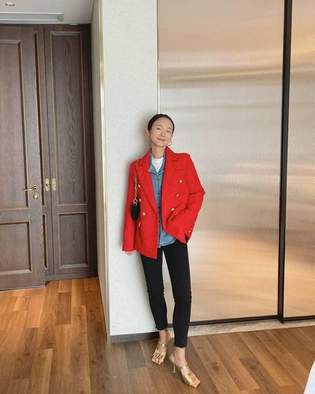 Simon Statement Blazers - full-length shot on model, red - Miss Mosa By Akanksha