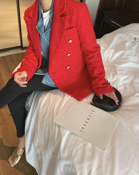 Simon Statement Blazers - lifestyle shot on model, red - Miss Mosa By Akanksha