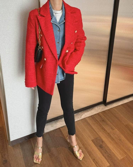 Simon Statement Blazers - full-length shot on model, red - Miss Mosa By Akanksha