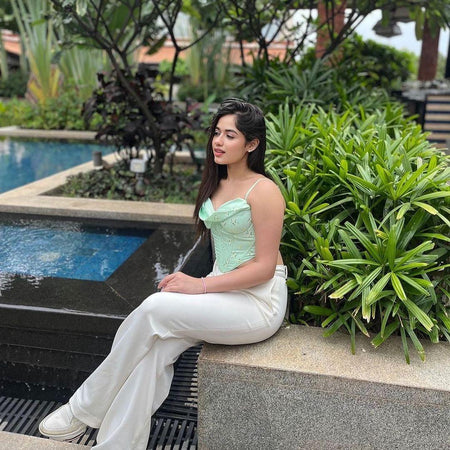 Simone Corset Top in Green - lifestyle shot on model, green - Miss Mosa By Akanksha