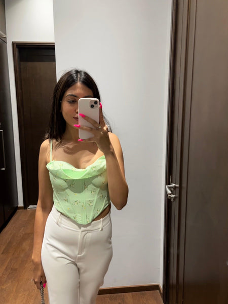 Simone Corset Top in Green - lifestyle shot on model, green - Miss Mosa By Akanksha
