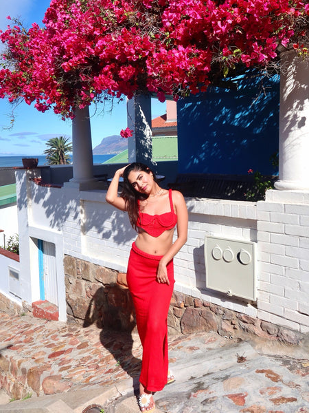 Sinoul Holiday Coord Skirt Set - full-length shot, red - Miss Mosa By Akanksha