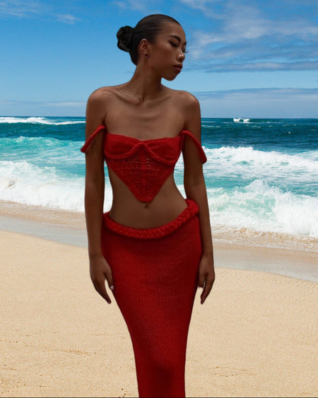 Sinoul Holiday Coord Skirt Set - three-quarter shot, red - Miss Mosa By Akanksha