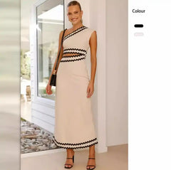 Sirina Statement Oneshoulder Summer Dress - full-length front shot on model, off-white with black trim - Miss Mosa By Akanksha