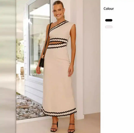 Sirina Statement Oneshoulder Summer Dress - full-length front shot on model, off-white with black trim - Miss Mosa By Akanksha