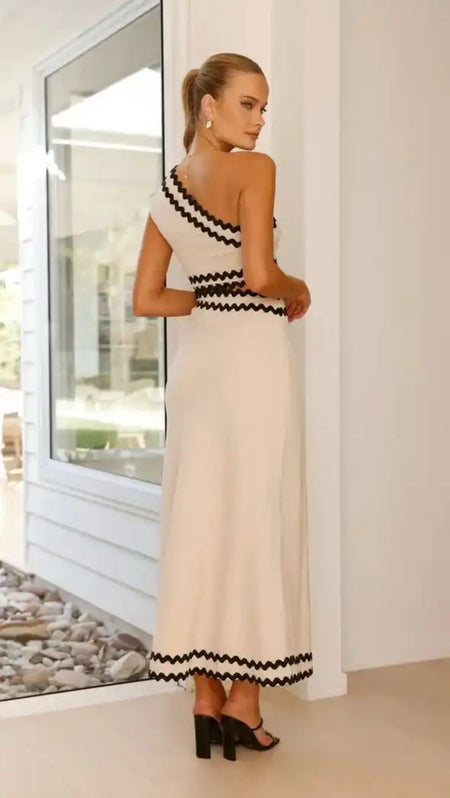 Sirina Statement Oneshoulder Summer Dress - back shot on model, off-white with black trim - Miss Mosa By Akanksha