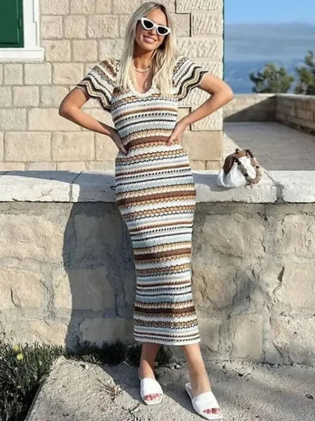 Siya Luxe Soft Knit Holiday Dress In Multicolour - full-length shot on model, multicolour - Miss Mosa By Akanksha