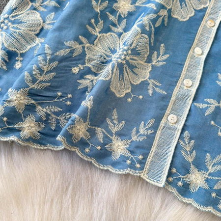 Siya Premium Embroidered Cotton Shirts In Blue - close-up of embroidered hem - Miss Mosa By Akanksha